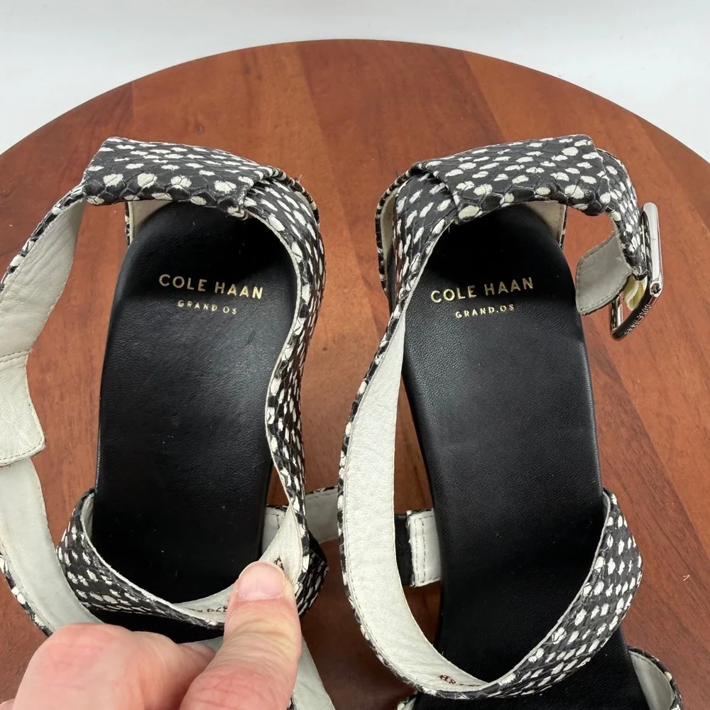 Cole Haan Wedge Sandals Black White‎ Snakeskin Print Cork Grand.OS Womens 8B